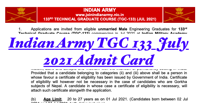 indian army tgc admit card 2021 download notification 133 exam date july joinindianarmy.nic.in