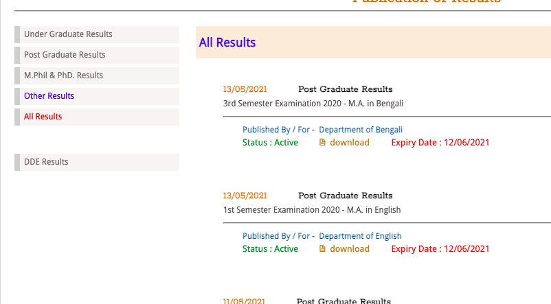 nbu.ac.in result portal for pg ma msc mcom semester examination