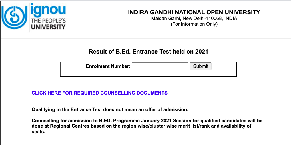 ignou b.ed entrance exam result check online @ ignou.ac.in bed merit list & cut off marks expected 2023
