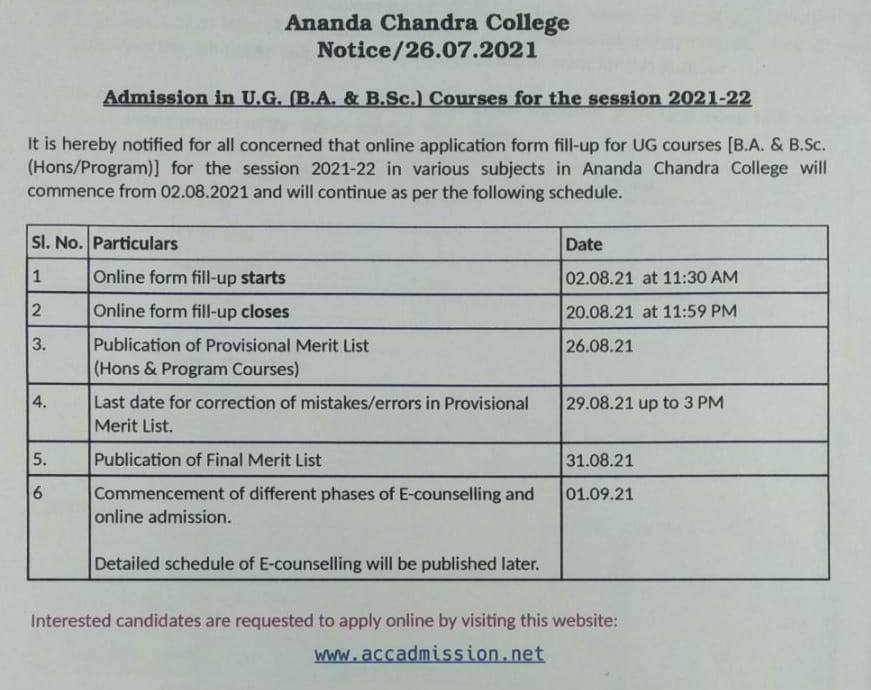 AC College Merit List 2021 form fill up notice and tentative schedule