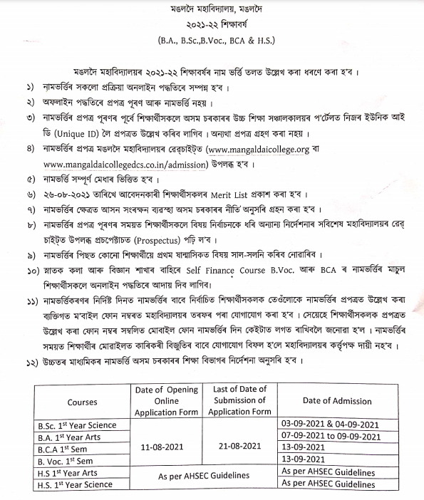 mangaldai college online admission notice 2021-22 merit list downloading schedule