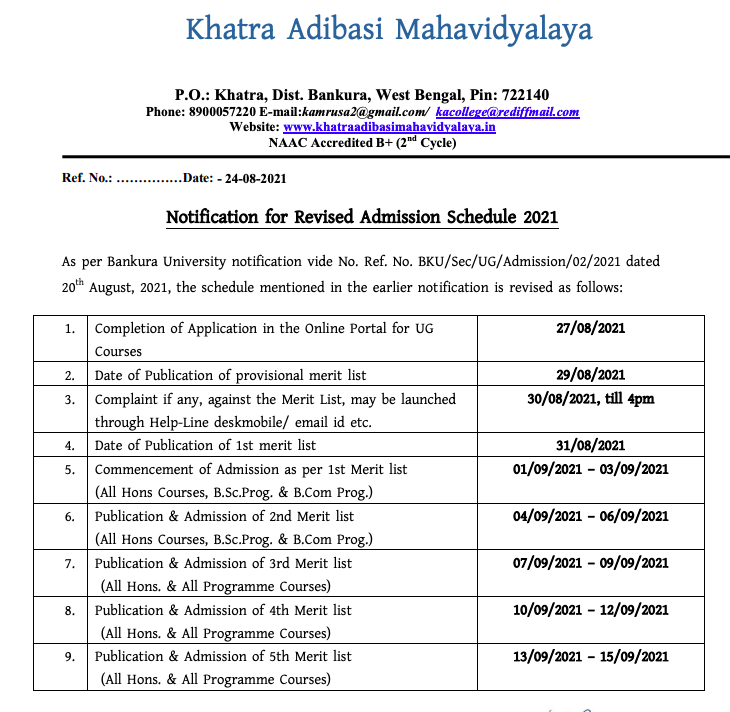 khatra adibasi college merit list publishing schedule notice 2022-23 download