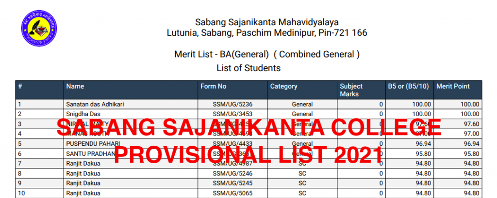 sabang college provisional merit list download links announced 2021
