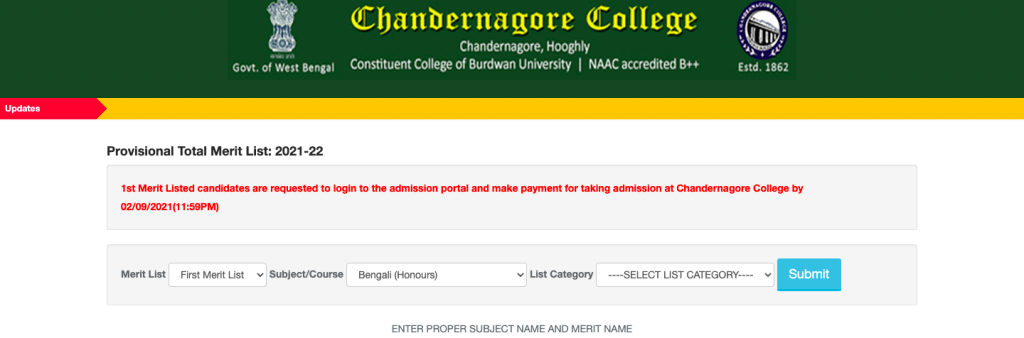 chandernagore college admission provisional merit list download links 2023 - check admission notice