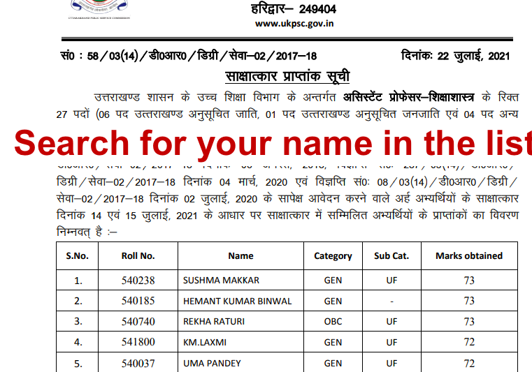 search for your name in the UKPSC lecturer merit list 2021