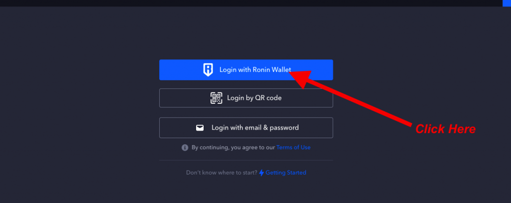 ronin wallet open and connect with axie market place