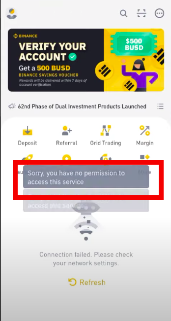 “Sorry, you have no permission to access this service” on Binance problem showing error message on apple iphone android app
