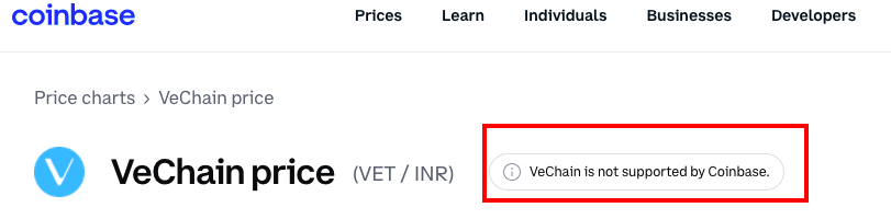 coinbase pro does not support vet