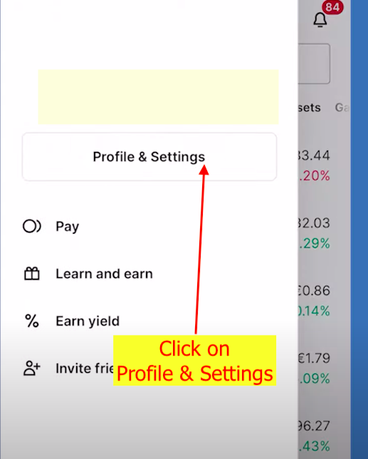 profile and settings option in coinbase app