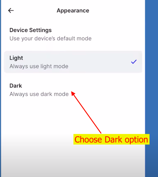 choose dark mode in coinbase ios and android app