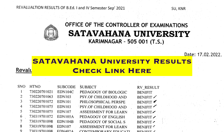 satavahana university result updates 2022 - data printed 