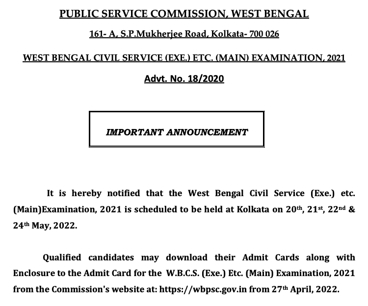 wbcs mains 2021 exam admit card released for 21st may to 24th may exam