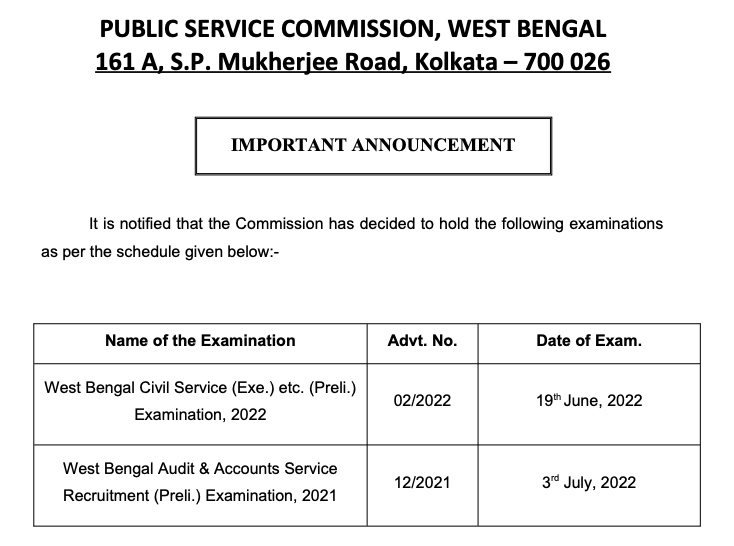 wbcs 2023 exam date notification