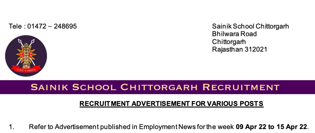 sainik school chittorgarh recruitment notification form tgt ward boy general employees 2022