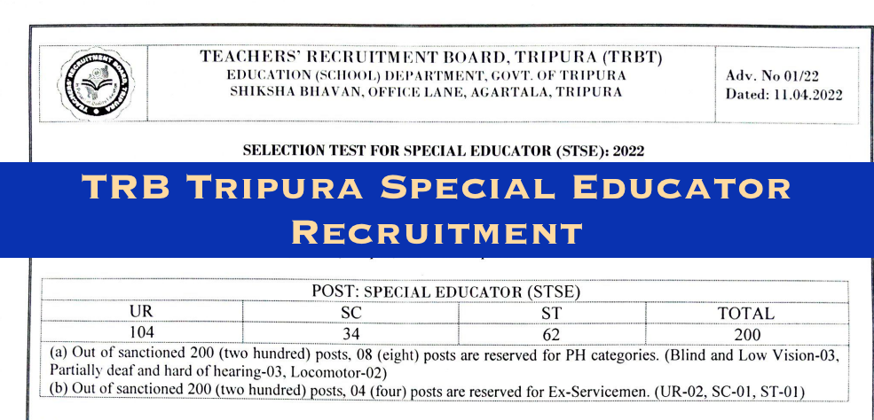 trb tripura special educator recruitment 2022 download notification teacher recruitment board