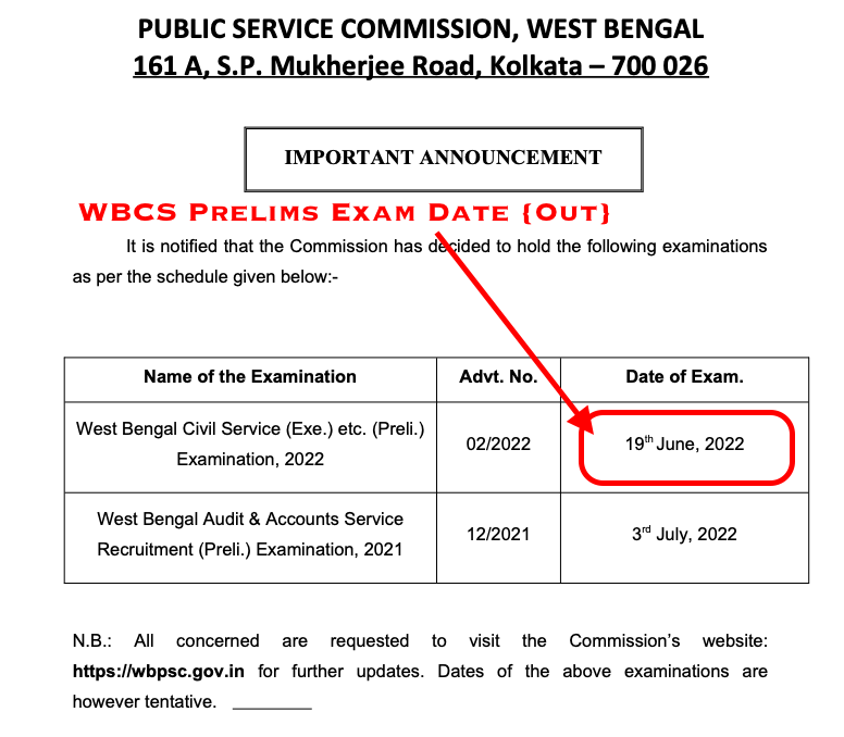 wbcs 2022 prelims exam date notice - to be conducted on 19 june 2022