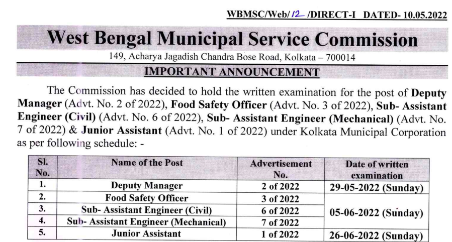 mscwb deputy manager, fso, junior assistant exam date 2022