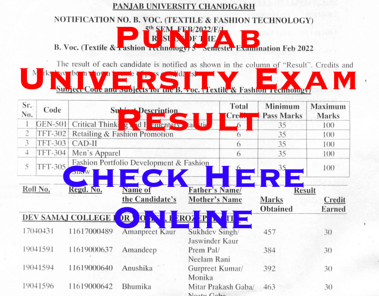 punjab university exam result check online puchd.ac.in