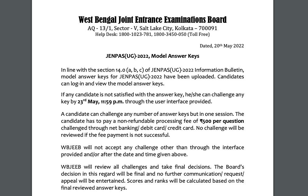wbjee jenpauh result 2022 release date in june / july tentatively - answer keys download pdf