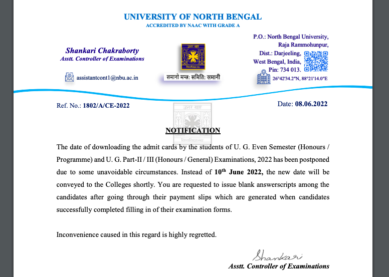 north bengal university ug even sem 2nd, 4th, 6th admit card downloading date postponed notice