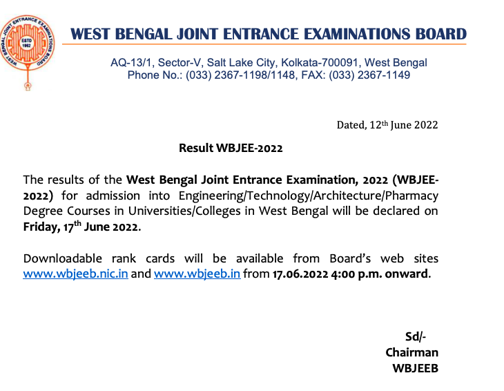 wbjeeb result to be declared on 17th June 2022 latest notice
