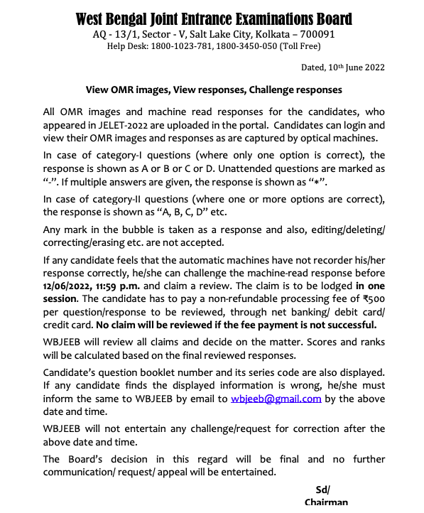 wbjeeb jelet 2022 exam result release date & answer key challenge omr