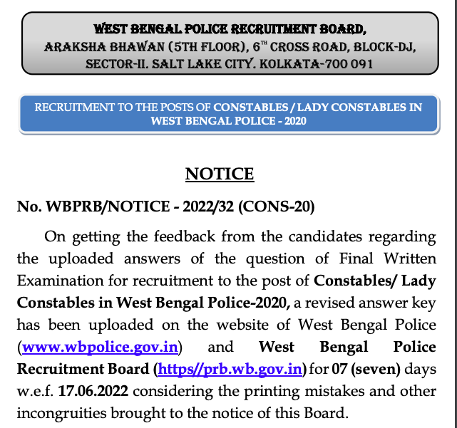 wb police answer key revised 17/06/2022 constable 2020 final exam
