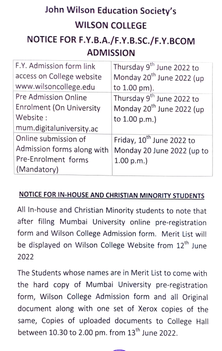 wilson college mumbai online admission merit list 2022 first year fyba fybsc fybcom