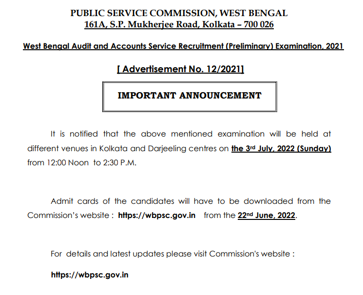 wbpsc audit & accounts service exam 2022 admit card download release date 22 june 2022.
