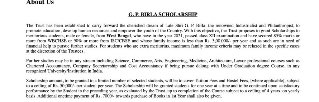 gp birla scholarship 2022 online application form link