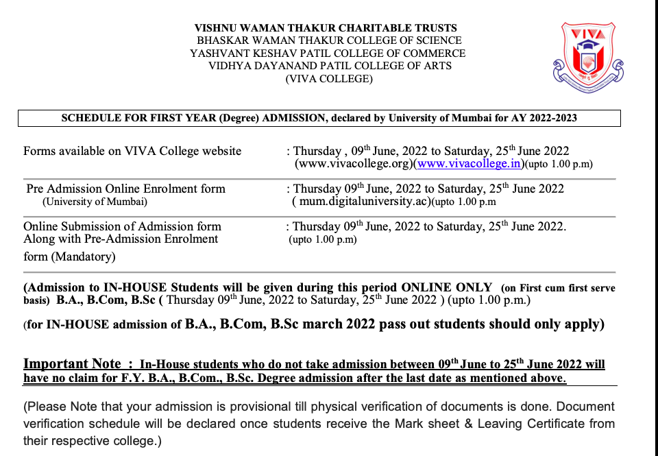 viva college online admission 2022-23 merit list download schedule