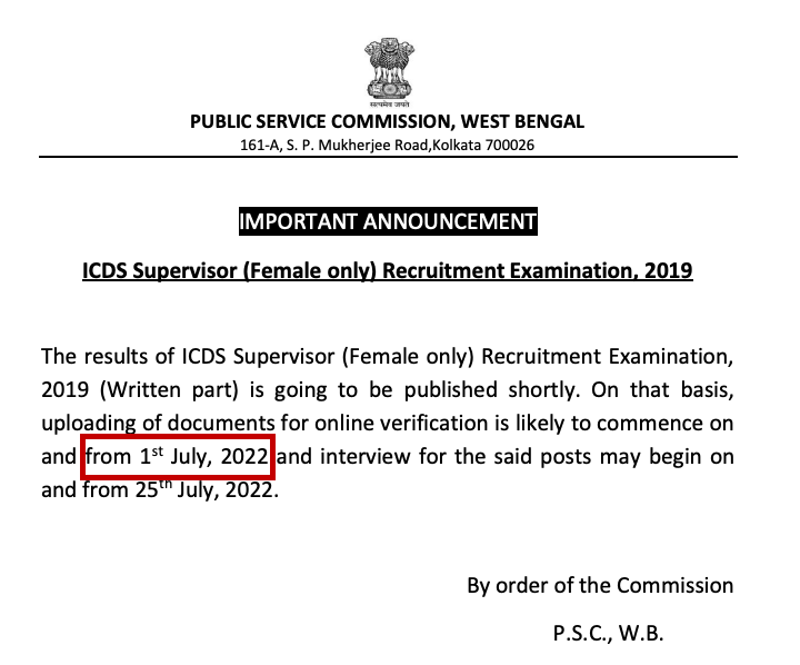 wbpsc icds supervisor result date notice 2022