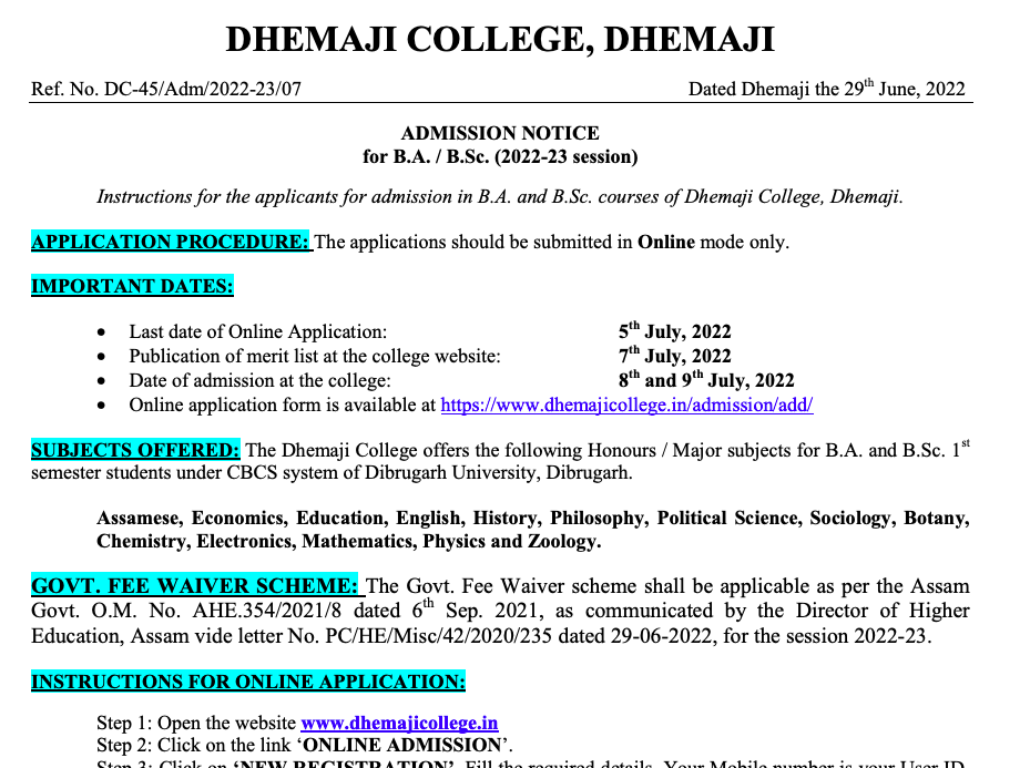 dhemaji college 1st year admission notice 2022 - download merit list