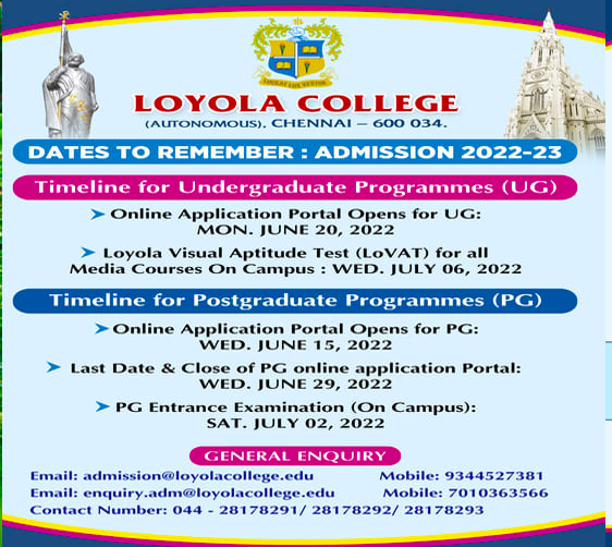 loyola college ug pg admission helpline numbers
