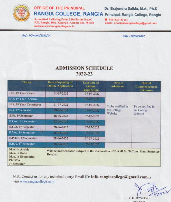 rangia college admission schedule 2022-23 merit list download 1st, 2nd, 3rd hs tdc