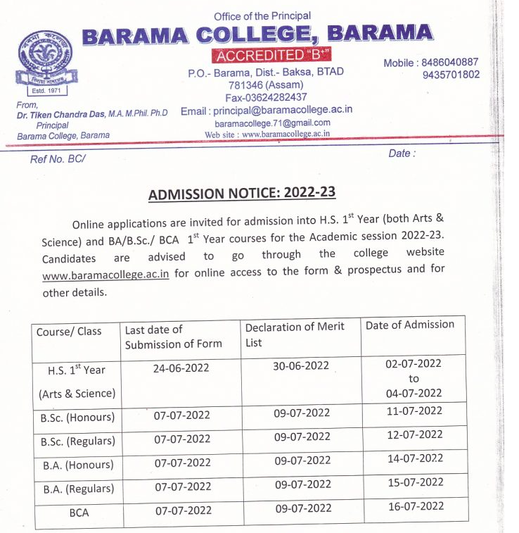 barama college online admission notice 2022 download links
