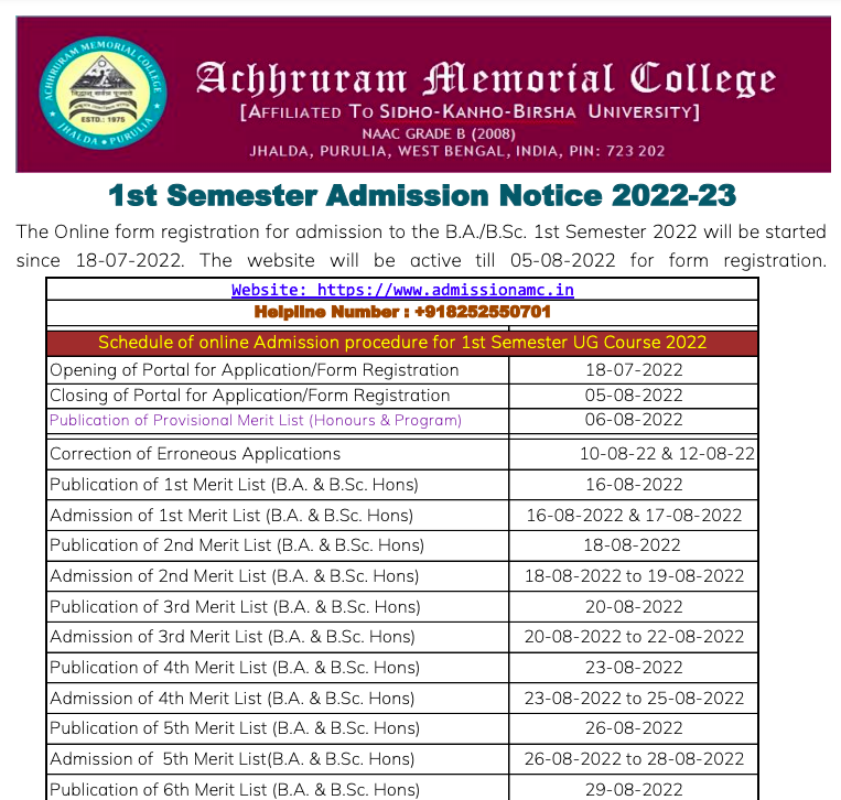Achhruram Memorial College Merit List download notice 2022 ba bsc bcom 1st sem admission