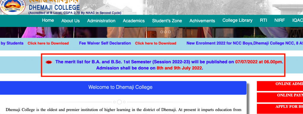 dhemaji college first merit list 2022 for ba, bsc notice on 7th july