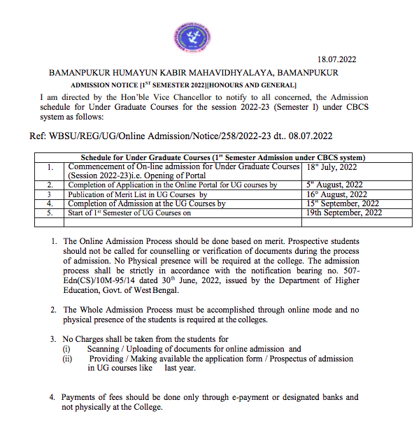 Bamanpukur Humayun Kabir Mahavidyalaya Merit List 2022 Provisional 