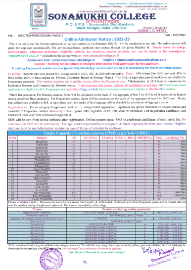 Sonamukhi College Merit List 2022 Provisional List Download 10th Aug