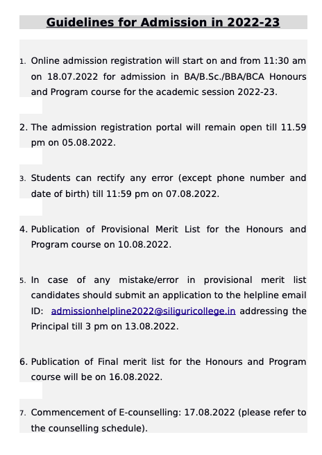 siliguri college online admission notice 2022 download