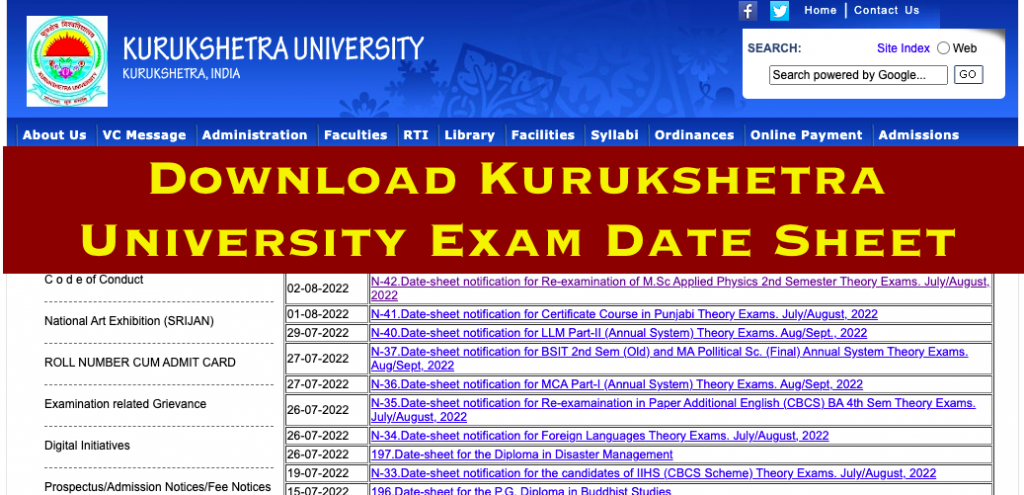 kurukshetra university exam date sheet 2022 download pdf