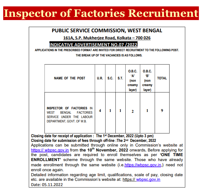 wbpsc inspector of factories recruitment notification advertisement 2022 online apply