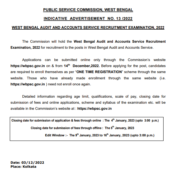 wbpsc audit & accounts service examination 2022 notification