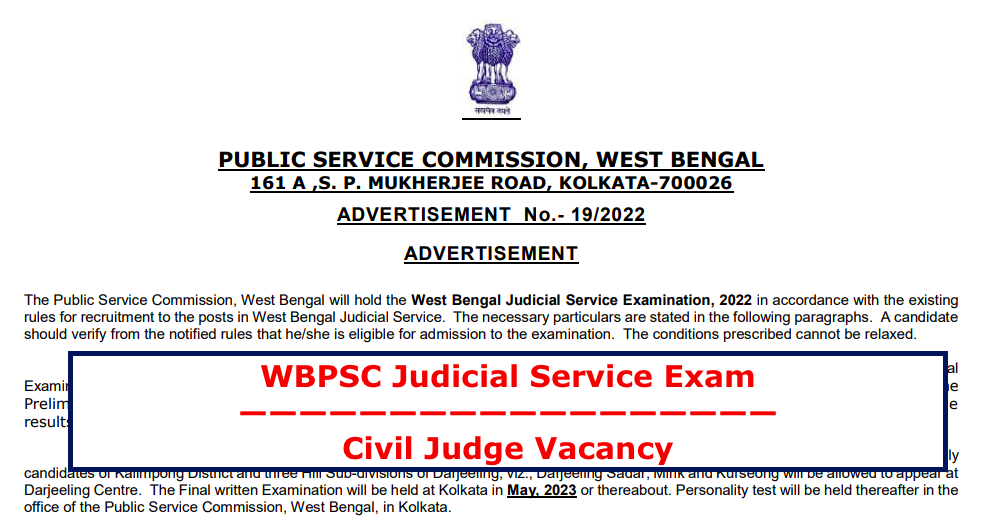 wbpsc judicial service recruitment exam 2022-23 notification