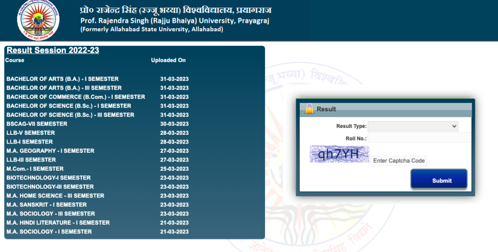 www.prsuprayagraj.in result check online - Allahabad State University (Rajju Bhaiya University)