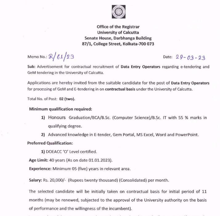 recruitment notification for Calcutta University DEO Recruitment 2023