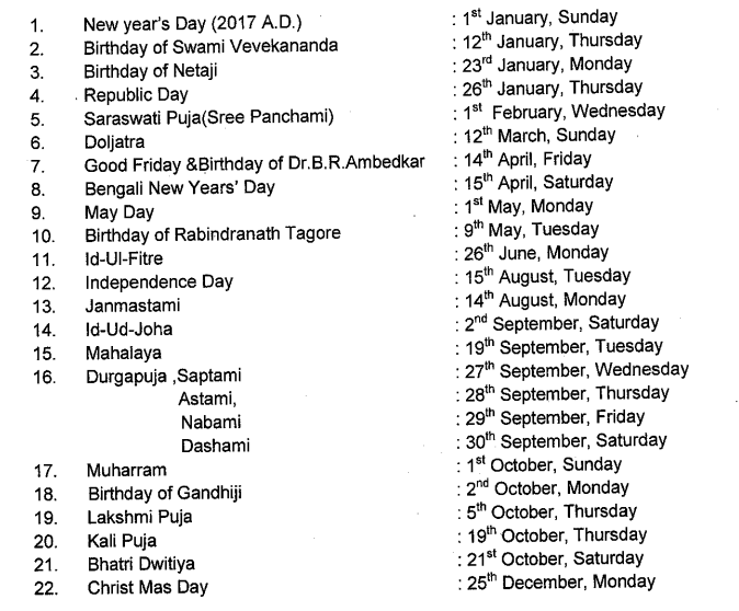 west bengal state govt hospital staff, doctors, nurses, health department holiday list 2023