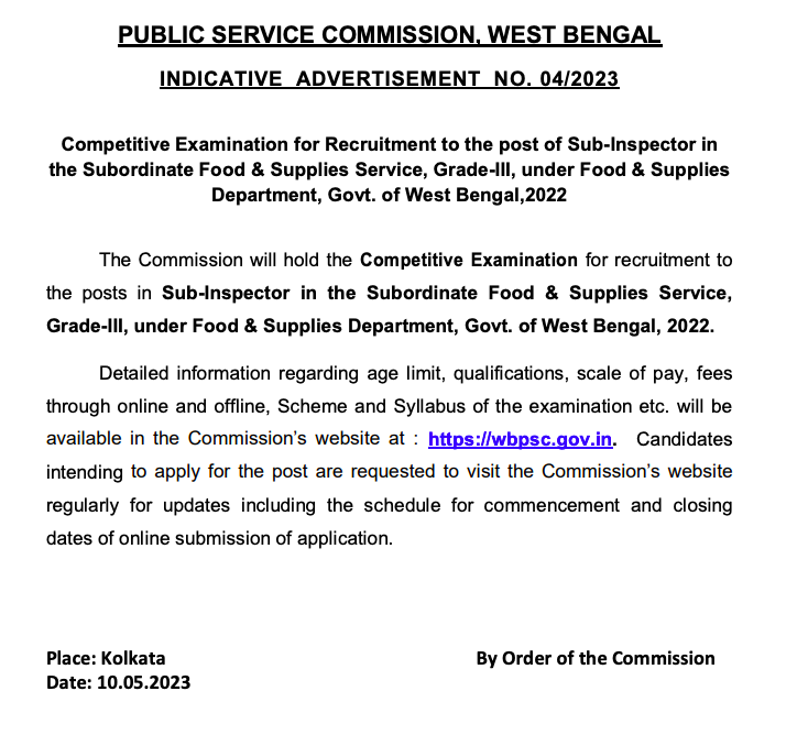 wbpsc food si recruitment new advertisement notification 04/2023 published