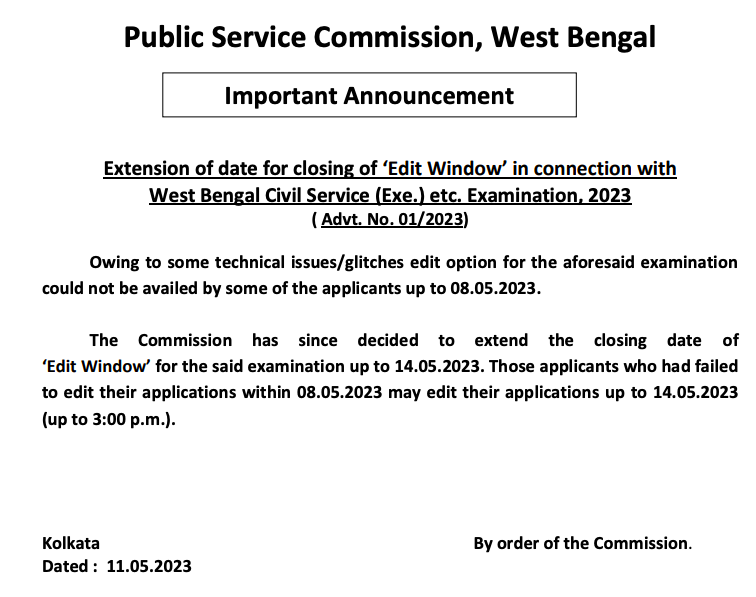 wbcs application form editing window extension notice